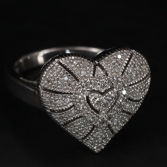 EA East Art Jewelry Jewelry - EA East Art Jewelry 925 Sterling Silver Pave Diamond Heart Dome Ring Size 10